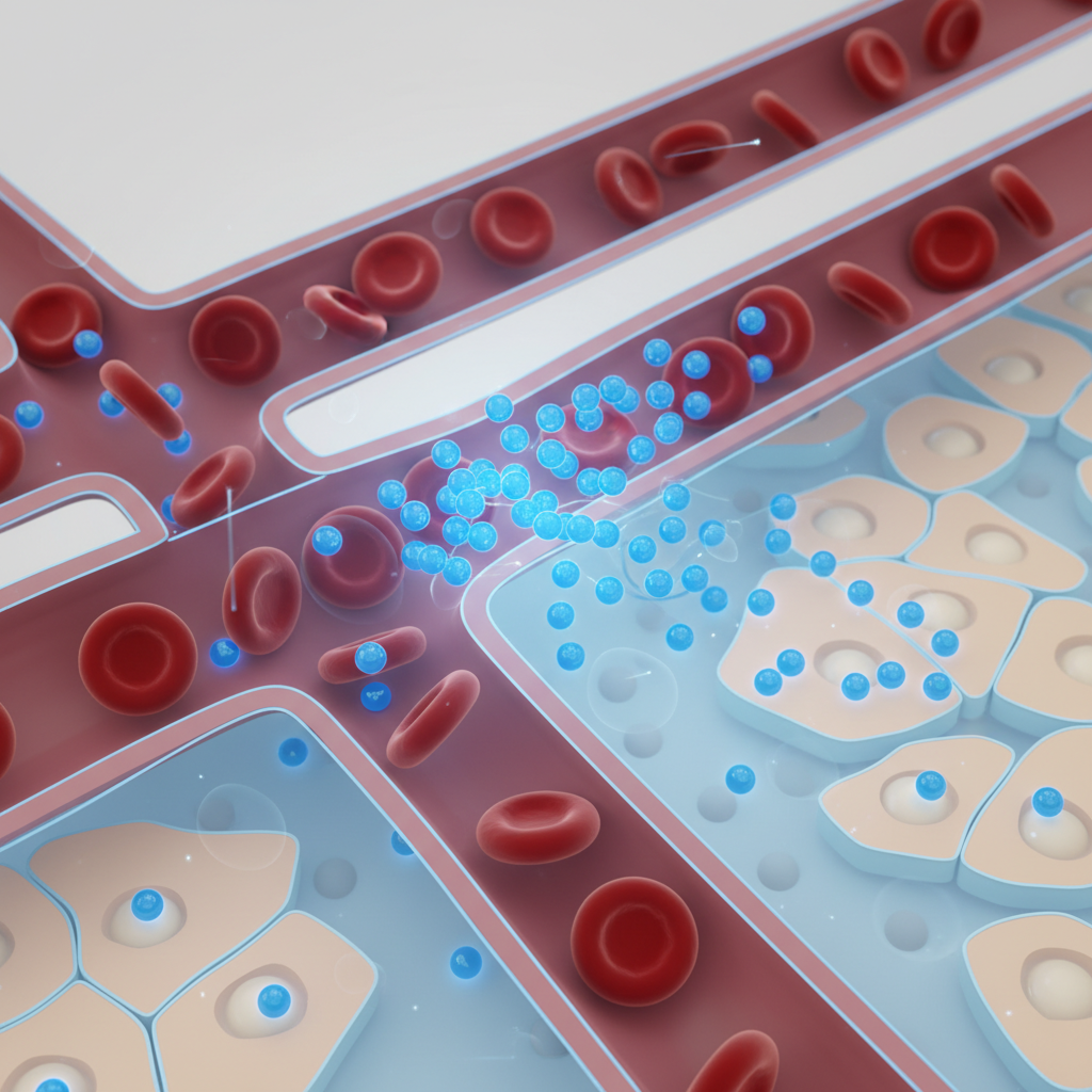 Illustration contrasting oxygen supply in the bloodstream with oxygen delivery into tissue.