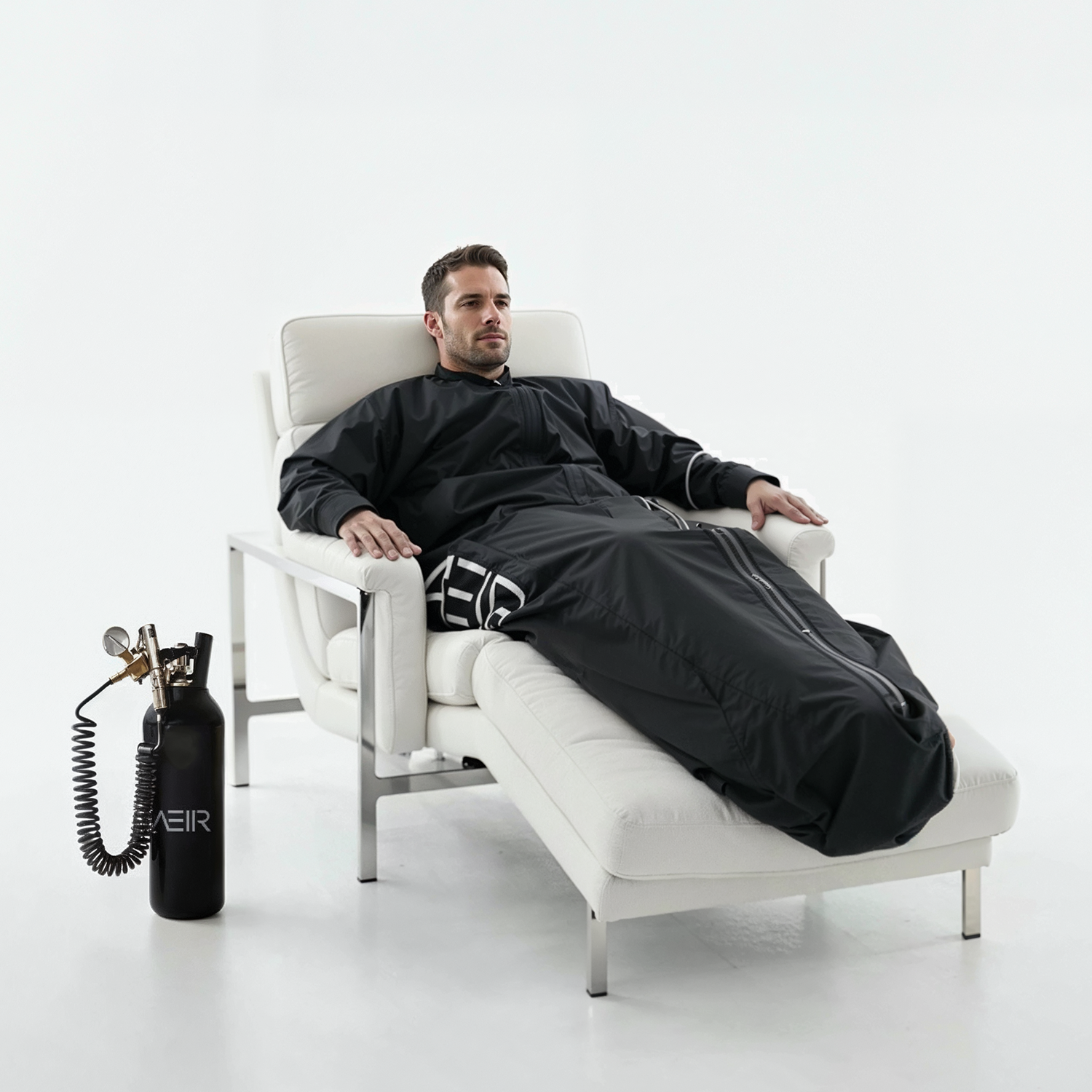 Full-body CO2 suit session at home — post-long-run recovery.